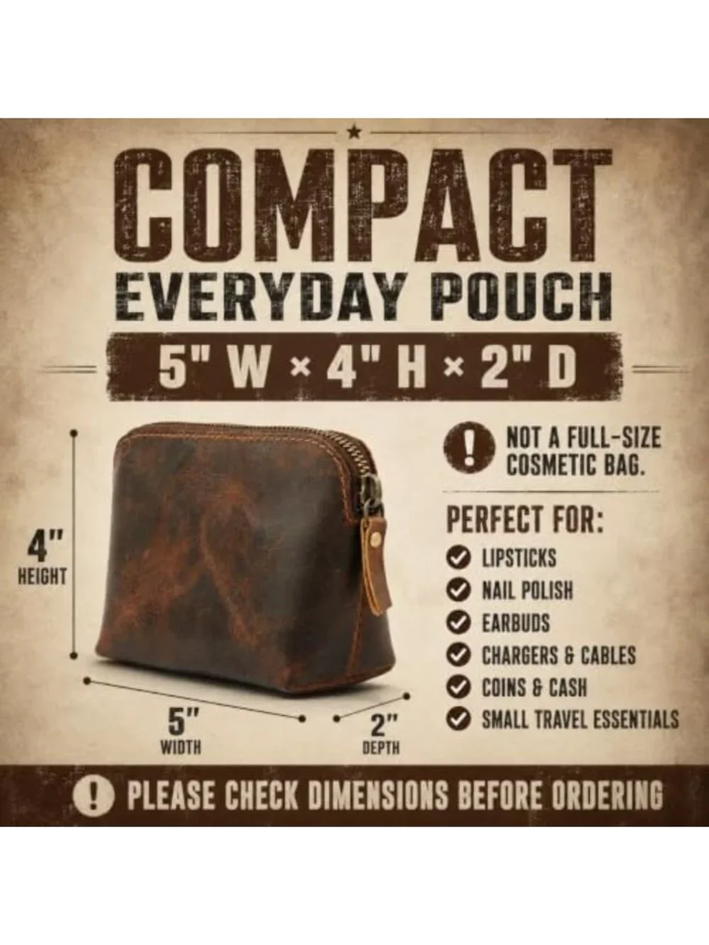 Premium Full Grain Leather Makeup Pouch - Small Travel Toiletry Organizer Bag
